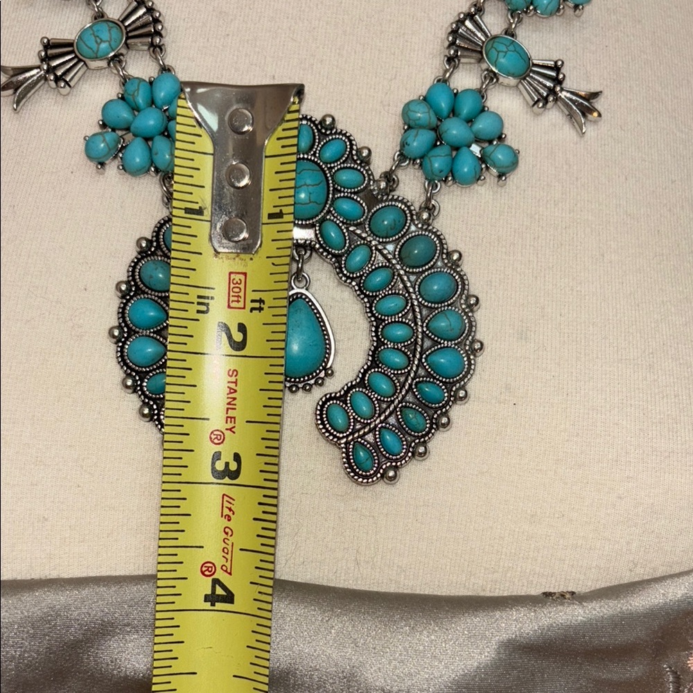 Blue and Silver Squash Blossom Necklace with Turquoise Accents - Picture 7 of 8